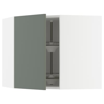 METOD Corner wall cabinet with carousel, white/Nickebo matt grey-green, 68x37x60 cm