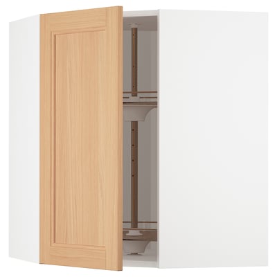 METOD Corner wall cabinet with carousel, white/Vedhamn oak, 68x37x80 cm