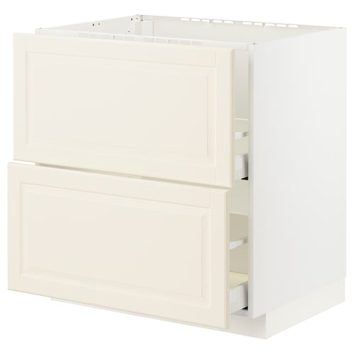 A kitchen cabinet, METOD system, off-white, traditional design, smooth edges, some open.
