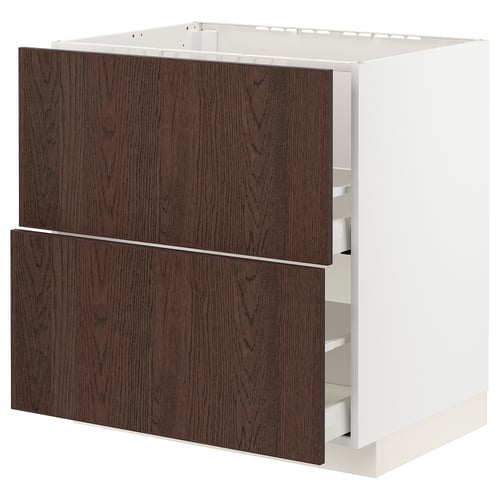 An ikea METOD kitchen unit. It is white with dark brown wooden drawers. The unit two large drawers with a sleek, modern design.
