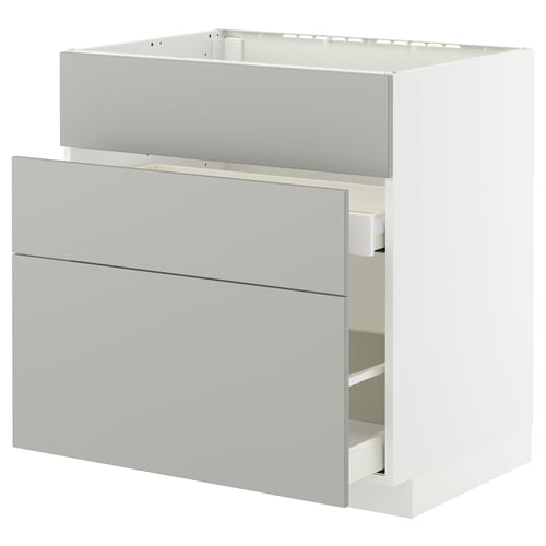 Modern light grey kitchen cabinet with drawers, part of IKEAs METOD system, clean minimalist design.