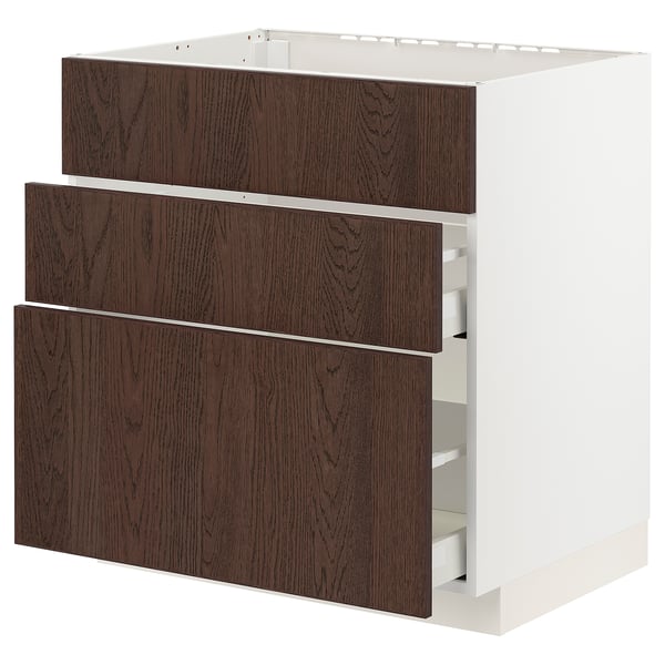 METOD / MAXIMERA Base cab f sink+3 fronts/2 drawers, white/Sinarp brown, 80x60x80 cm