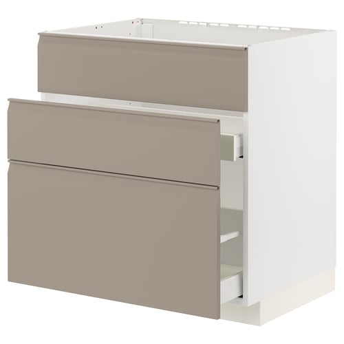 A sleek, modern kitchen cabinet in matte grey-beige with two drawers and a boxy shape. It integrated handles and a minimalist, flat design.