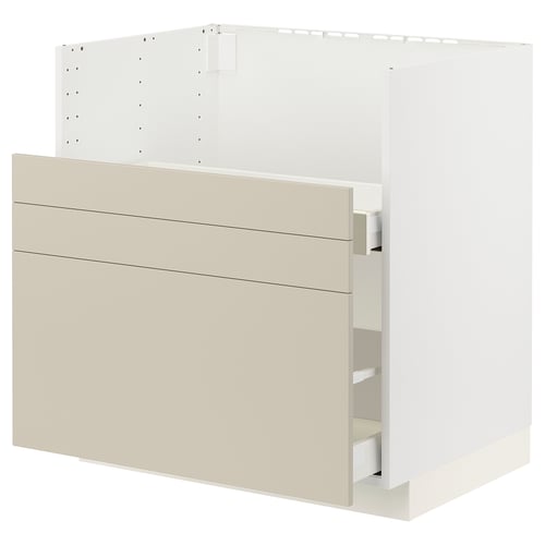 Modern kitchen cabinet, beige METOD system, sleek design, includes drawers, sturdy frame.