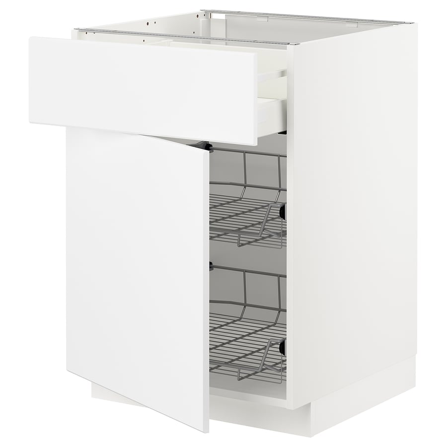 METOD / MAXIMERA Base cab w wire basket/drawer/door white/Kungsbacka