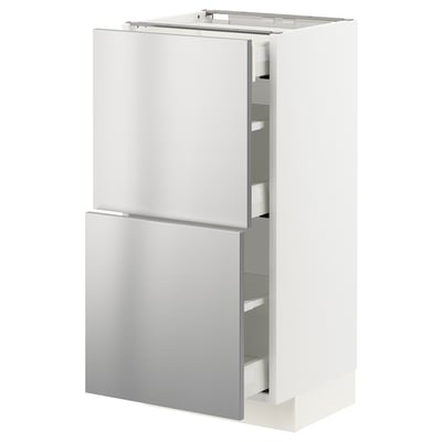 A white and stainless steel modern kitchen cabinet with a sleek design and multiple drawers.