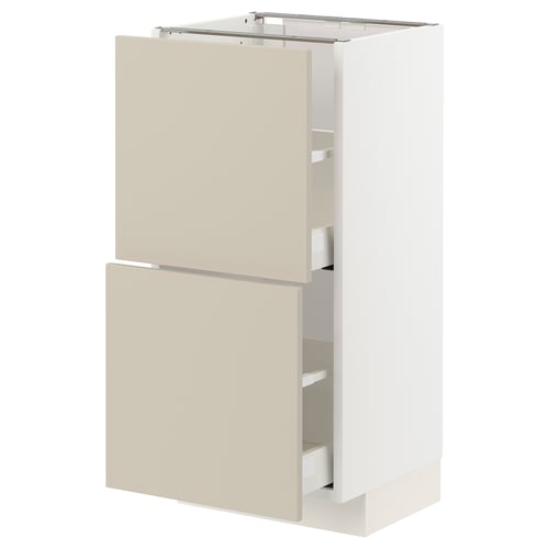 METOD kitchen unit in beige. Two drawers and two shelves, showing sturdy and sleek design.