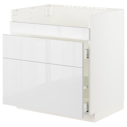 White METOD kitchen cabinet. Glossy finish, rectangular shape, modern design. Including drawers and shelves.