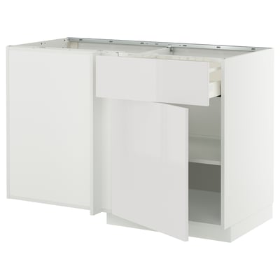 METOD / MAXIMERA Corner base cab w drawer and shelf, white/Ringhult light grey, 128x68x80 cm