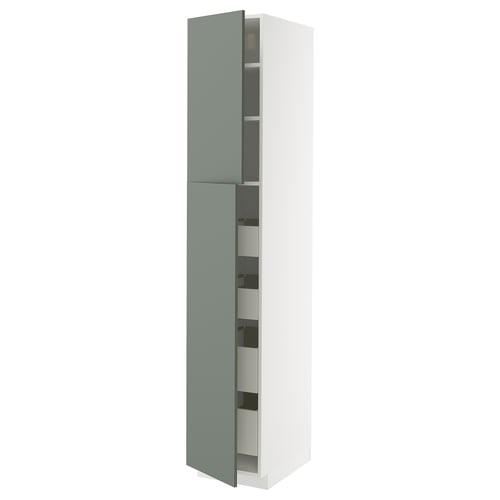 A white and light green METOD kitchen cabinet with multiple storage shelves and drawers, featuring a sleek and modern design.