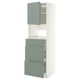 A modern white METOD kitchen unit with green-grey drawers and a top cabinet, featuring sleek design and multiple storage options.