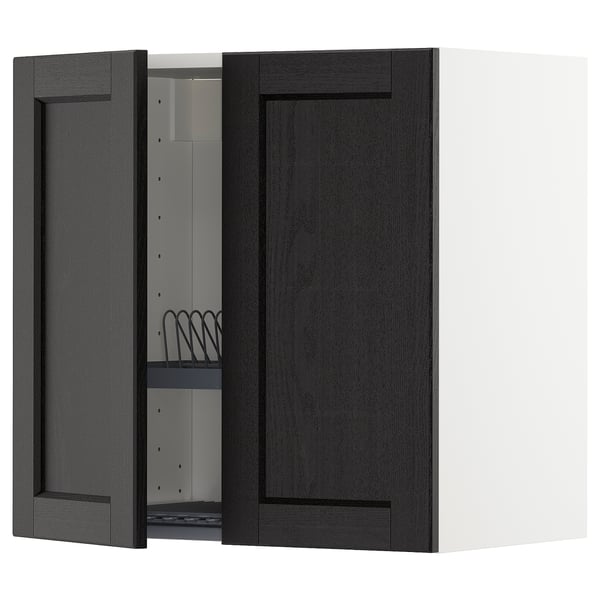 METOD Wall cabinet w dish drainer/2 doors, white/Lerhyttan black stained, 60x37x60 cm
