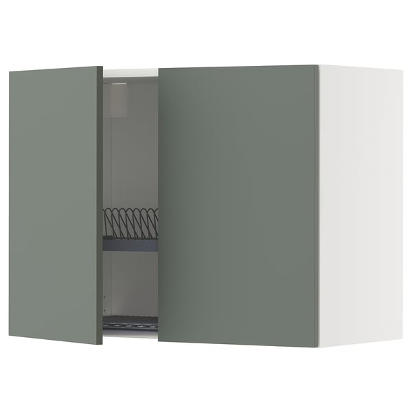 METOD Wall cabinet w dish drainer/2 doors, white/Nickebo matt grey-green, 80x37x60 cm
