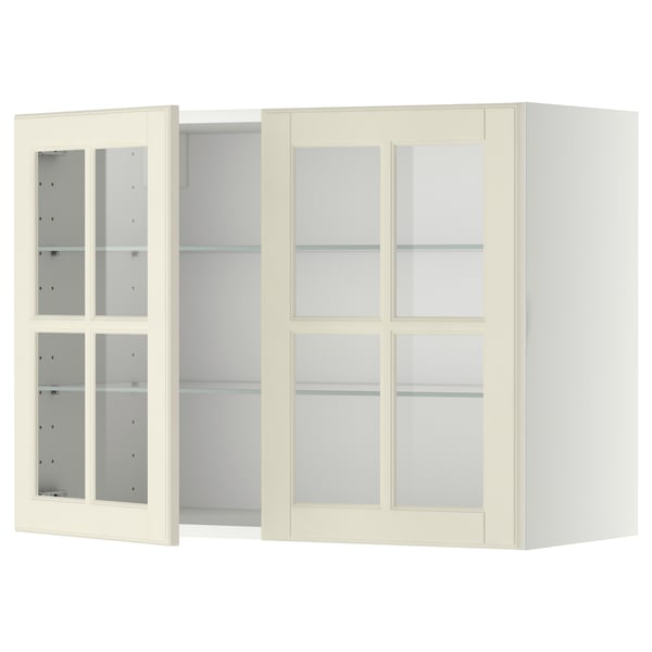 METOD Wall cabinet w shelves/2 glass drs, white/Bodbyn off-white, 80x37x60 cm