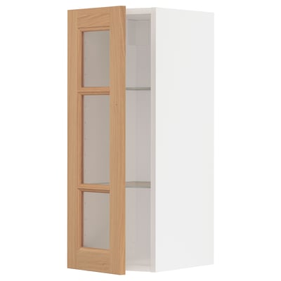 METOD Wall cabinet w shelves/glass door, white/Vedhamn oak, 30x37x80 cm