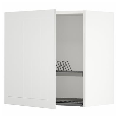 Open white METOD kitchen cabinet with adjustable shelf & dish drainer.