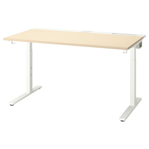 MITTZON desk: light wood top, white metal legs, adjustable height, clean lines.