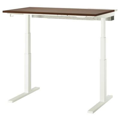 MITTZON desk: brown top, white legs, adjustable height, ergonomic setup.