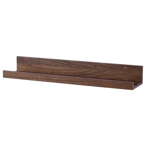 Brown wood wall shelf, rectangular shape, single ledge for displaying items.