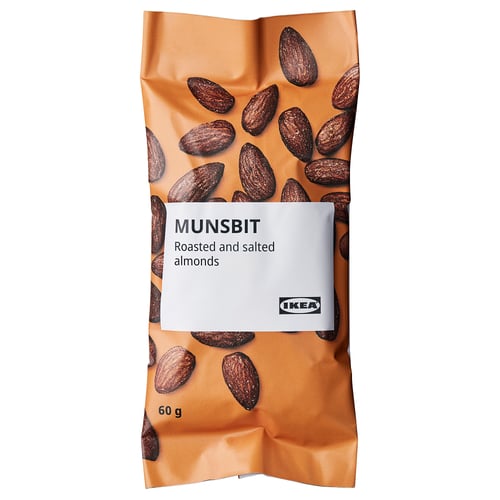 A package of IKEAs MUNSBIT roasted and salted almonds, containing 60g, ideal for an energy boost.