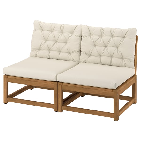 NÄMMARÖ 2-seat modular sofa, outdoor, light brown stained/Kuddarna light grey-beige