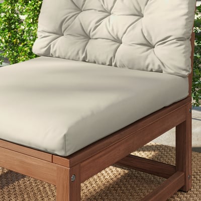 Chair cushion: comfortable, beige, buttons, outdoor use.