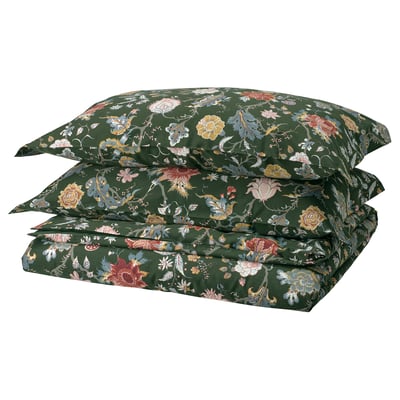 NÄSSELKLOCKA Duvet cover and 2 pillowcases, dark grey-green/multicolour, 200x200/50x80 cm