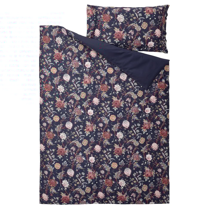 NÄSSELKLOCKA duvet cover and pillowcase, dark blue/multicolour, 150x200