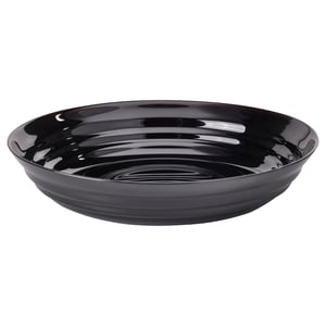 Black glossy glass bowl with circular ripple design, shallow shape, platter-like.