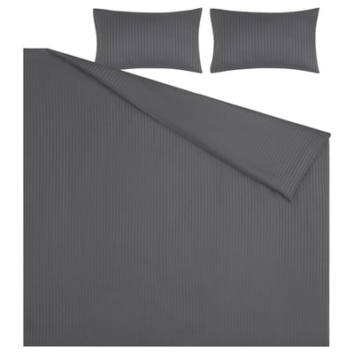 Grey NATTJASMIN bedding set featuring striped sateen fabric. Includes folded duvet and pillows with button closure.