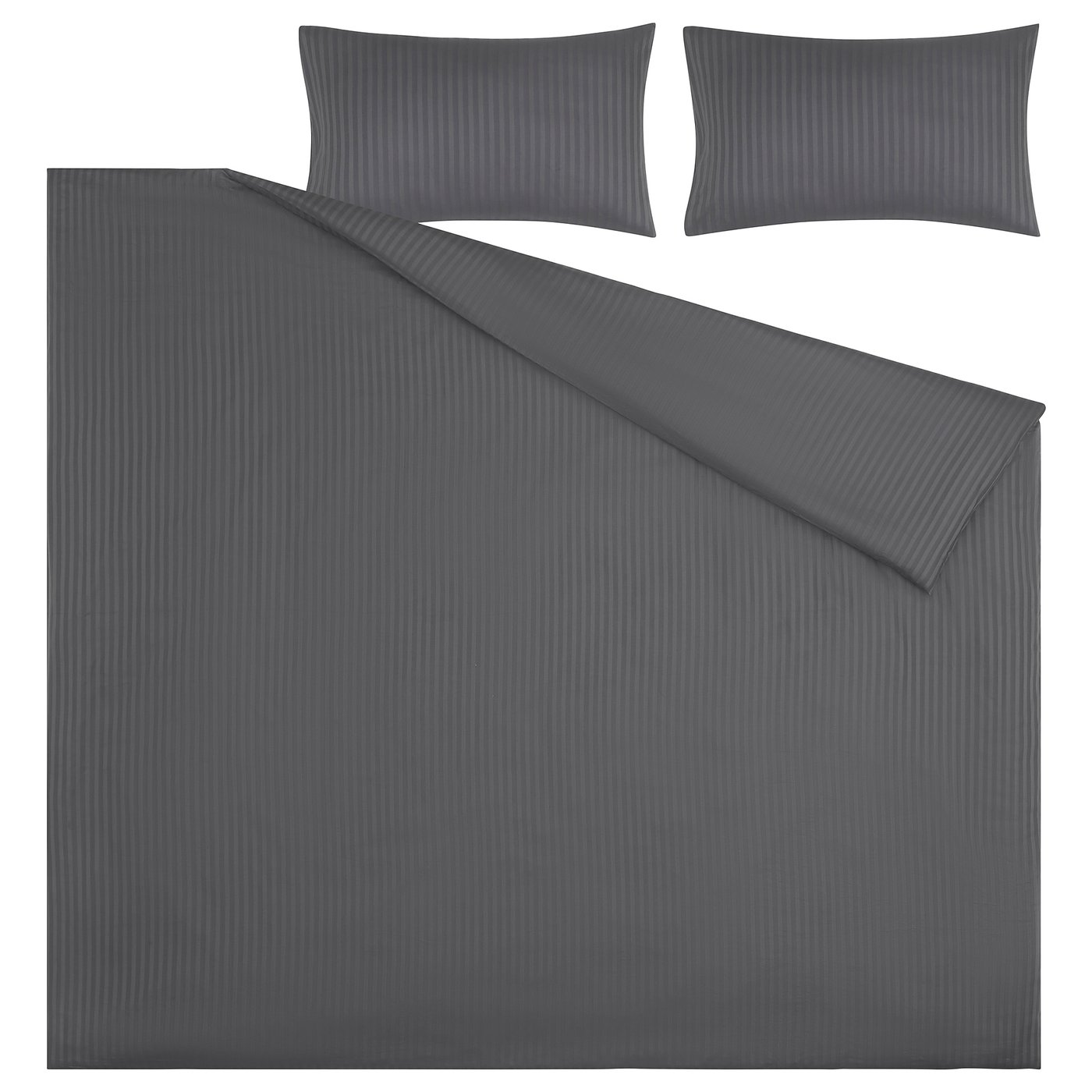 NATTJASMIN bedding in dark grey with subtle stripes, featuring a duvet and two pillowcases made from cotton and lyocell blend.