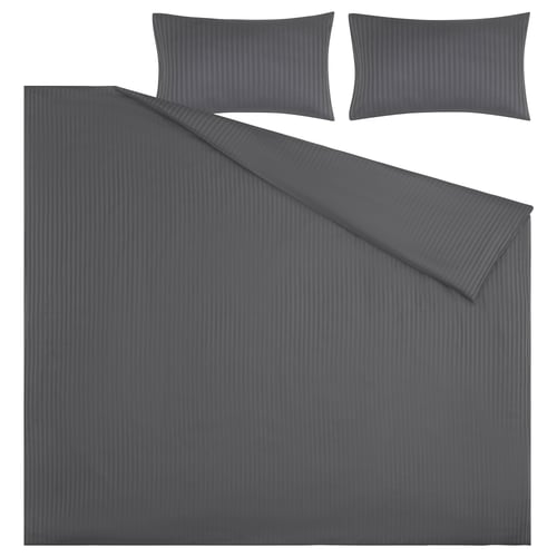 NATTJASMIN bedding in dark grey with subtle stripes, featuring a duvet and two pillowcases made from cotton and lyocell blend.
