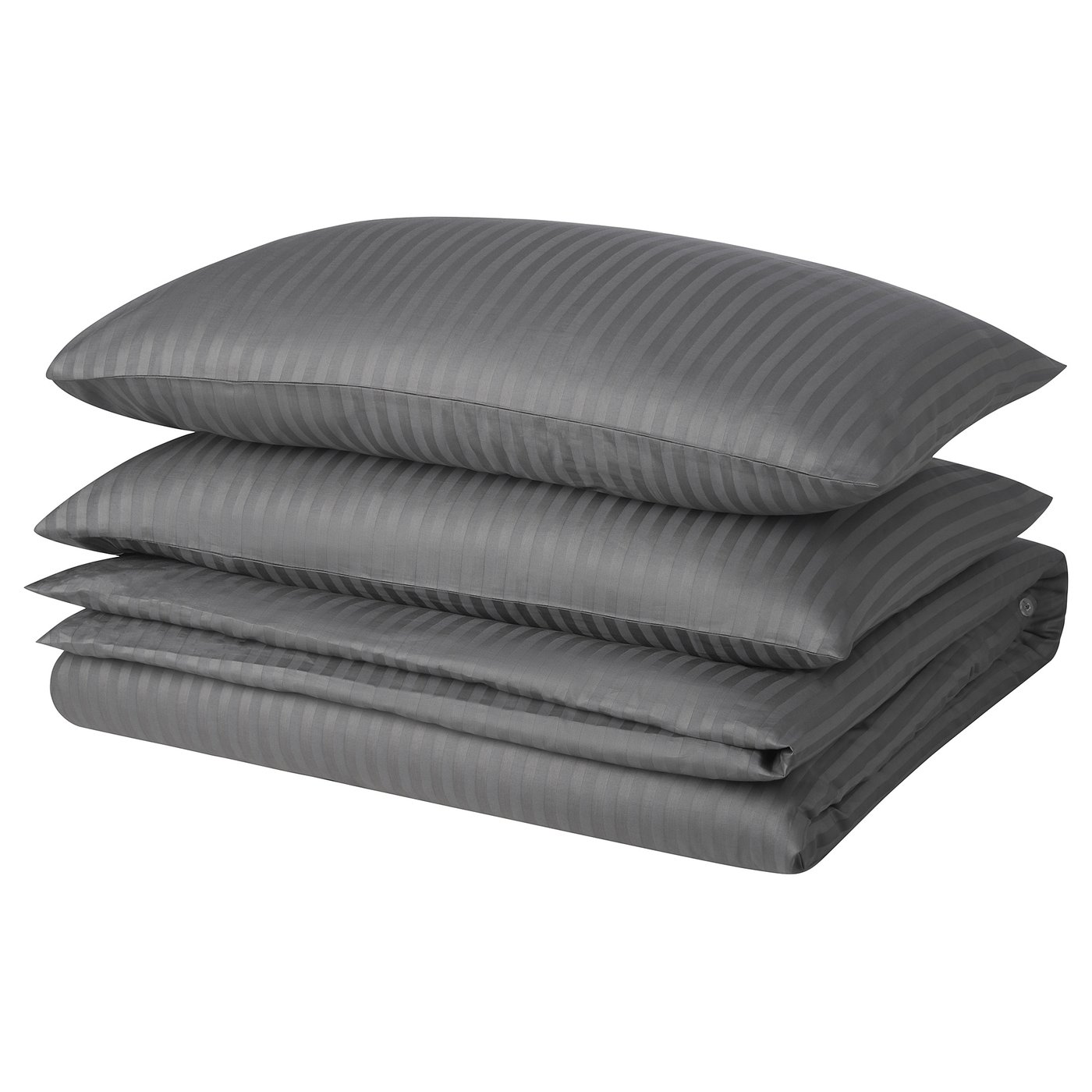 Folded grey striped bedding set with matching pillows. Sateen fabric, rectangular, discrete parallel lines. NATTJASMIN.