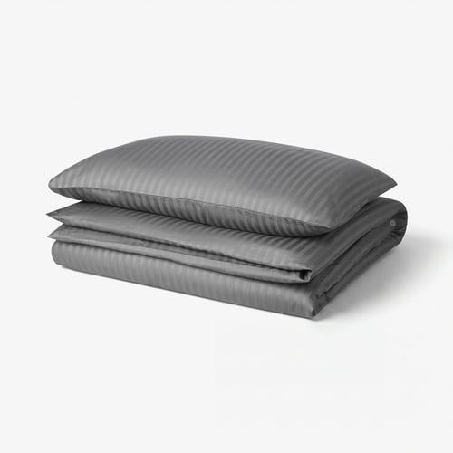 Grey bedding set, striped, neatly folded, soft fabric, flat shape.
