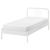 A white NESTTUN metal bed with a net-patterned headboard and a durable steel construction.