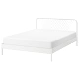 The NESTTUN bed is white with a net-patterned headboard and durable steel construction. Its simple, light design suits various styles.