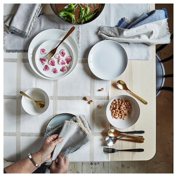 NISSÖGA Tablecloth, beige/white, 145x240 cm