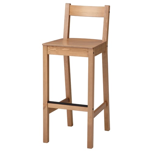 This image shows a wooden bar stool named NORDVIKEN. Its light brown, made of pine, and a deep seat and curved backrest for comfort.