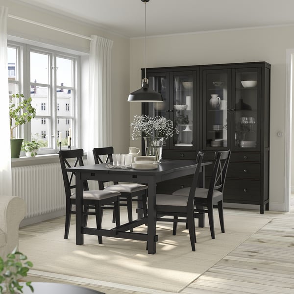 NORDVIKEN / INGOLF Table and 4 chairs, black/Nolhaga grey-beige brown-black, 152/223 cm