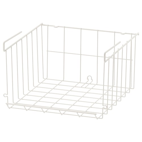 A white wire storage basket named OBSERVATÖR. It has an open square design and is made from powder-coated steel. Ideal for organising items.