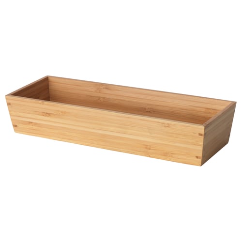 The OSTBIT bamboo tray, natural coloured, rectangular, and simple designed for kitchen organisation.