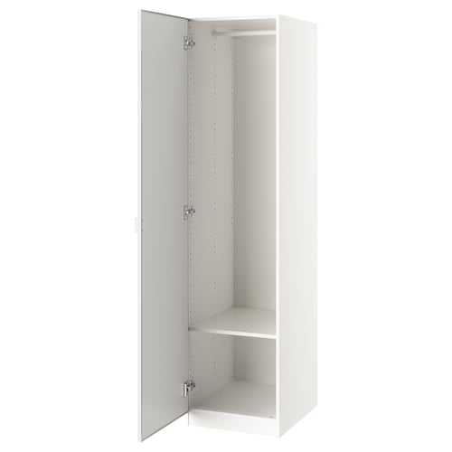 White PAX wardrobe, tall, rectangular, mirrored, with adjustable feet, hinged door, interior shelf.
