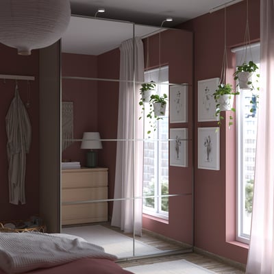 PAX / AULI Wardrobe with sliding doors, grey-beige/mirror glass, 150x66x236 cm