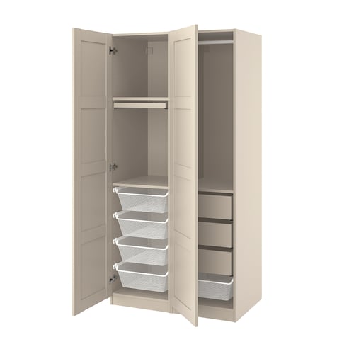 PAX wardrobe in beige with drawers, mesh baskets, and trouser hanger. Modern, light beige, rectangular.