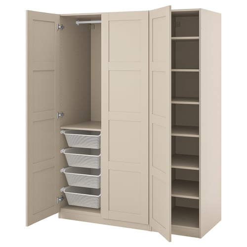 Ikea PAX wardrobe in beige with open doors revealing mesh baskets and shelves.