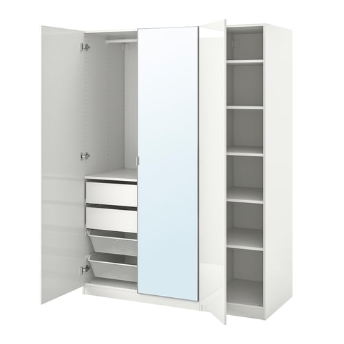 White PAX wardrobe with mirrored doors, open showing storage shelves, drawers, and mesh basket, modern and functional design.
