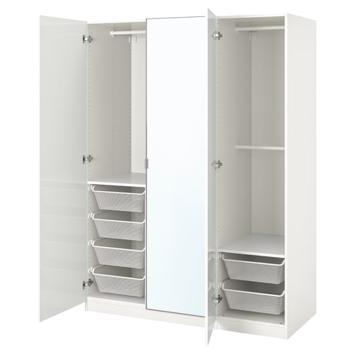 A white PAX wardrobe with open doors revealing metal mesh baskets inside. Its a functional and modern design.