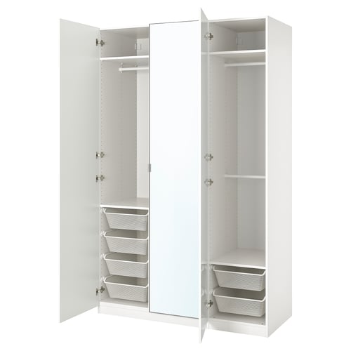 A white PAX wardrobe with mirrored doors and internal storage solutions including shelves and mesh baskets.