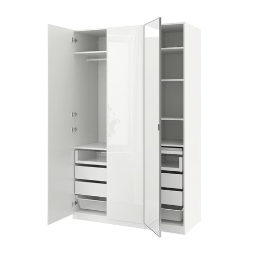 A white, modern wardrobe with mirrored doors, featuring drawers and shelves inside.