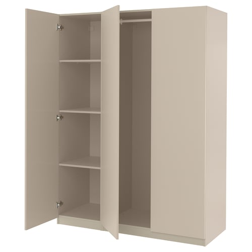 PAX wardrobe: tall, beige, flat-panel, 2-door, 3-shelf, wooden interior, soft-close hinges.